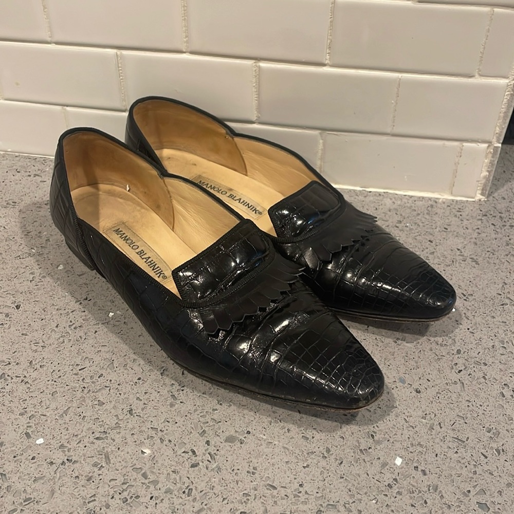 Manolo Blahnik Black Croc-Embossed Fringe Loafers